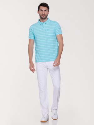 Juki Striped Men Polo Neck Light Blue T-Shirt