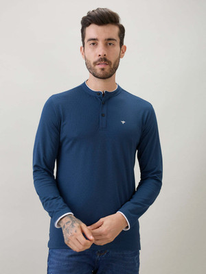 Status Quo Solid Men Mandarin Collar Blue T-Shirt