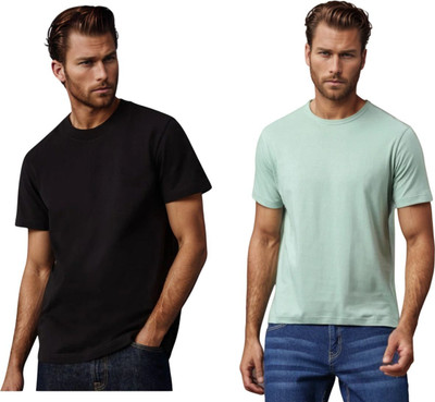 BlueFicus Solid Men Round Neck Black, Light Green T-Shirt