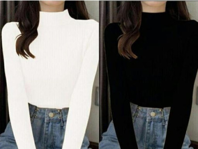 rajraiment Solid Women High Neck White, Black T-Shirt