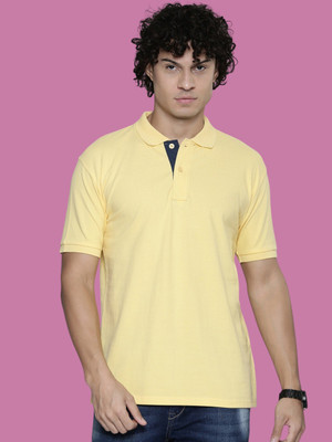 BURRMELLOW Solid Men Polo Neck Yellow T-Shirt