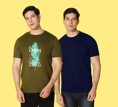 WOOSTRO Printed, Solid Men Round Neck Blue, Green T-Shirt