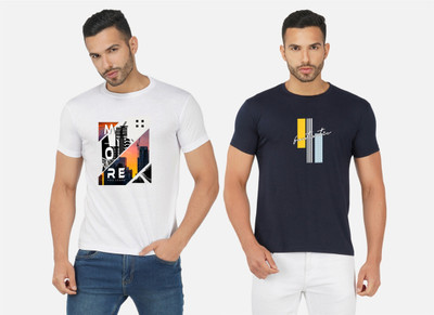 GLOBAL NOMAD Printed Men Round Neck White, Navy Blue T-Shirt