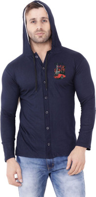 Lawful Casual Printed Men Hooded Neck Dark Blue T-Shirt