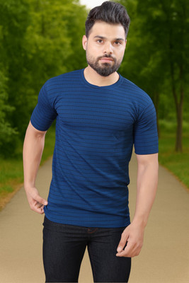 METRONAUT Striped Men Round Neck Dark Blue T-Shirt