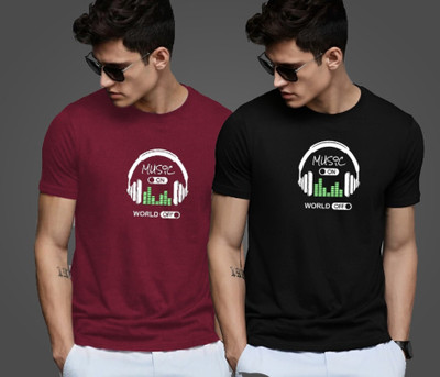Reya Printed Men Round Neck Maroon, Black T-Shirt