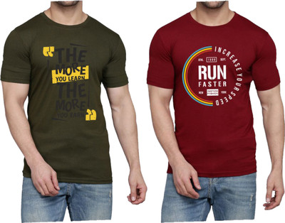 WOOSTRO Printed Men Round Neck Dark Green, Maroon T-Shirt