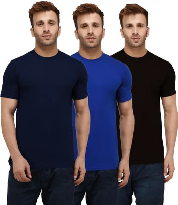 Brainbees Solid Men Round Neck Dark Blue, Blue, Black T-Shirt
