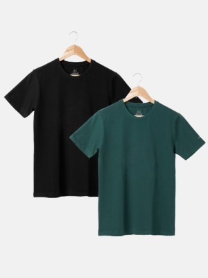 Air Garb Solid Men Round Neck Dark Green, Black T-Shirt