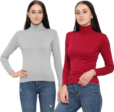 FASHA Solid Women High Neck Multicolor T-Shirt