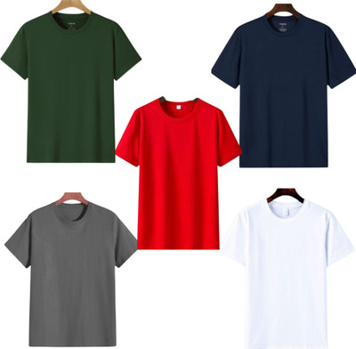 P collection Solid Men Round Neck Navy Blue, White, Red, Green, Grey T-Shirt