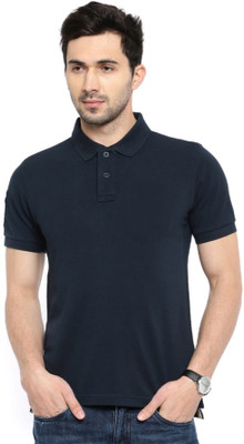 PRINTONLINE Solid Men Polo Neck Navy Blue T-Shirt