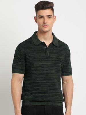 THE BEAR HOUSE Striped Men Polo Neck Green T-Shirt