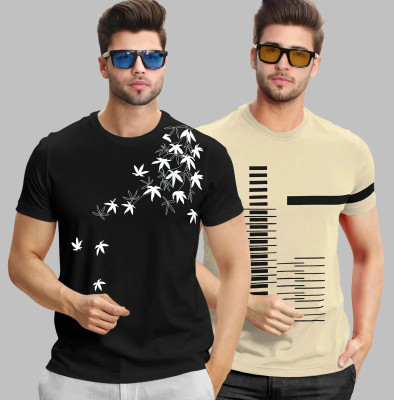 TRIPR Printed Men Round Neck Black, Beige T-Shirt