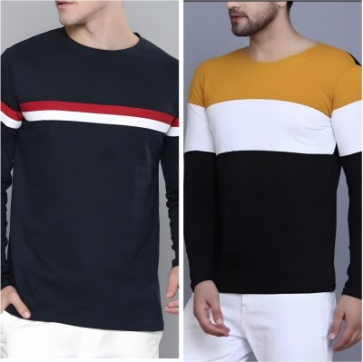 Farlucci Striped Men Henley Neck Navy Blue, Yellow T-Shirt