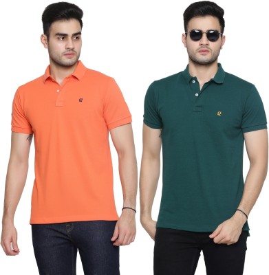 Gentino Solid Men Polo Neck Green, Orange T-Shirt