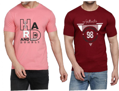 WOOSTRO Printed Men Round Neck Pink, Maroon T-Shirt