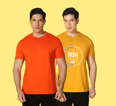 WOOSTRO Solid Men Round Neck Orange, Yellow T-Shirt