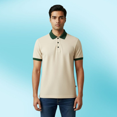 TEREZA Solid Men Polo Neck Beige T-Shirt
