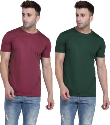 TQH Solid Men Round Neck Dark Green, Maroon T-Shirt