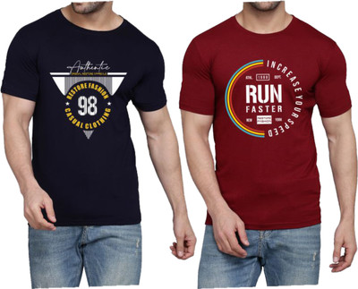 WOOSTRO Printed Men Round Neck Dark Blue, Maroon T-Shirt
