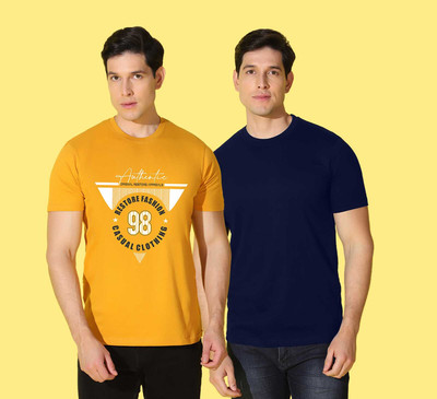 WOOSTRO Typography, Solid Men Round Neck Yellow, Blue T-Shirt