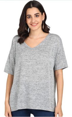 Overlock Self Design Women V Neck Reversible Grey T-Shirt