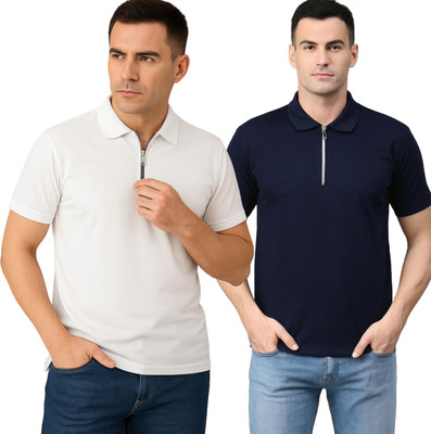 BLACK COOL Solid Men Polo Neck Navy Blue, White T-Shirt