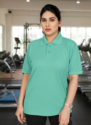 ANAND Solid Women Mandarin Collar Green T-Shirt