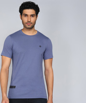 WROGN Solid Men Round Neck Blue T-Shirt