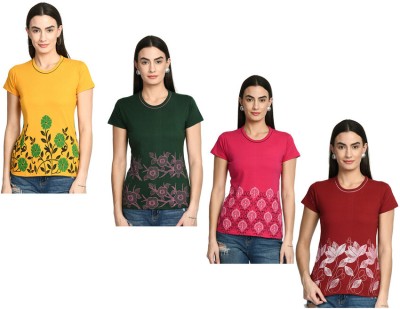 KAVYA Printed Women Round Neck Yellow, Orange, Maroon T-Shirt