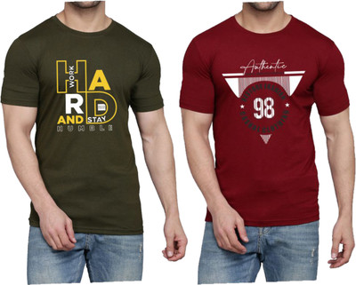 WOOSTRO Printed Men Round Neck Dark Green, Maroon T-Shirt