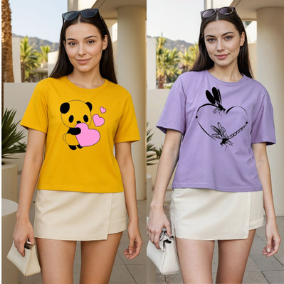 Herway Printed Women Round Neck Yellow, Purple T-Shirt