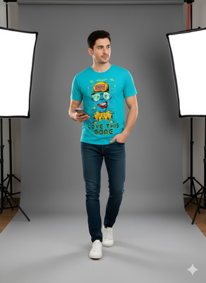 LIQQR Printed Men Crew Neck Light Blue T-Shirt