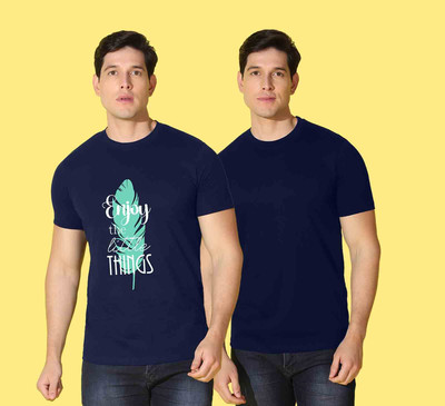WOOSTRO Printed, Solid Men Round Neck Dark Blue T-Shirt