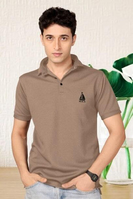 Lebridog Fashion Embroidered Men Polo Neck Reversible Brown T-Shirt