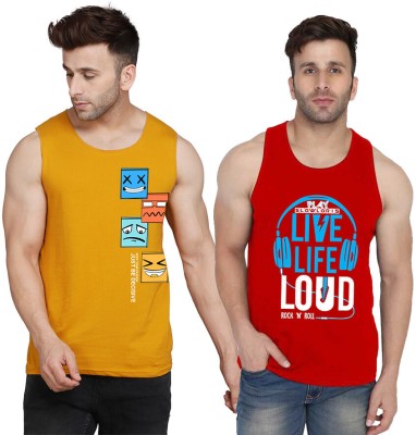 SLOWLORIS Printed Men Scoop Neck Red, Yellow, White T-Shirt