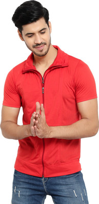 Tresna Fab Solid Men Zip Neck Red T-Shirt