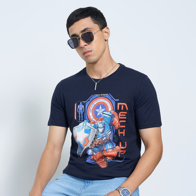 SF Jeans by Pantaloons Solid Men Round Neck Blue T-Shirt