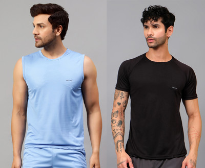 UDI n ADI Self Design Men Round Neck Light Blue, Black T-Shirt