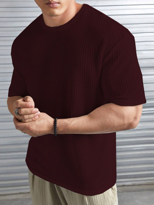 KEX Self Design Men Round Neck Maroon T-Shirt