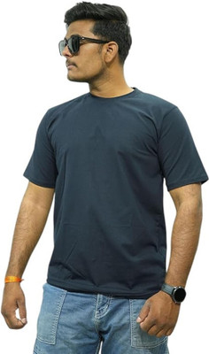 5 iguanas Solid Men Round Neck Blue T-Shirt
