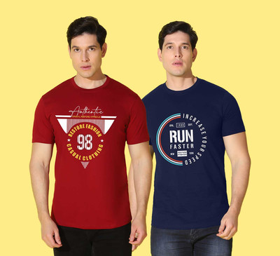 WOOSTRO Printed Men Round Neck Red, Blue T-Shirt