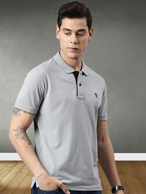 JOVEN Solid Men Polo Neck Grey T-Shirt