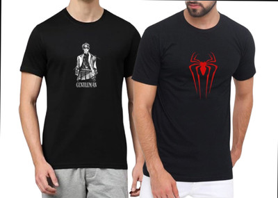 KNETLY Printed Men Round Neck Black, Navy Blue T-Shirt