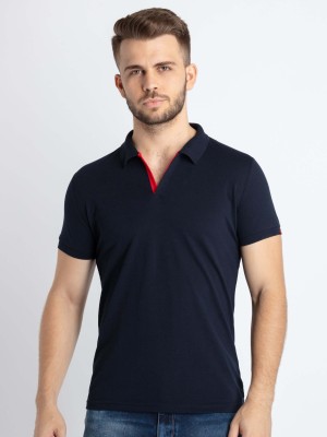 Status Quo Solid Men Polo Neck Navy Blue T-Shirt