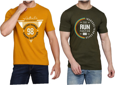 WOOSTRO Printed Men Round Neck Brown, Dark Green T-Shirt