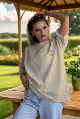 BLURR Printed Women Round Neck Beige T-Shirt