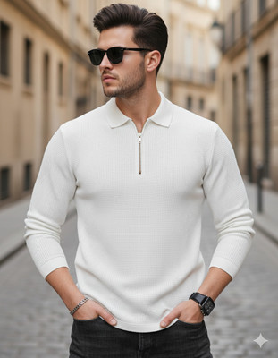 Siya Fashion Solid Men Zip Neck White T-Shirt