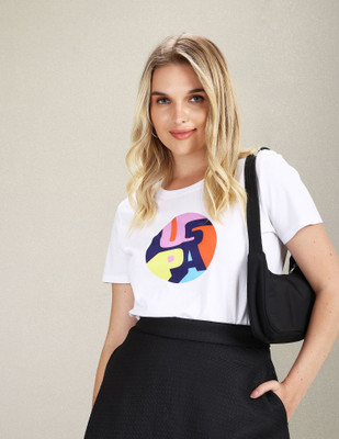 U.S. POLO ASSN. Printed, Typography Women Round Neck White T-Shirt
